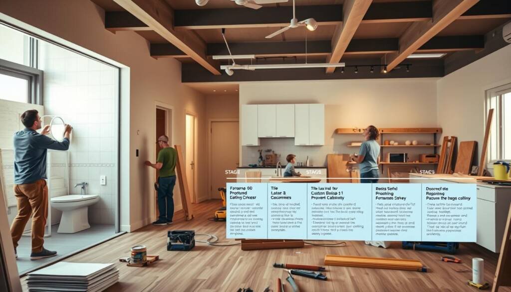A modern home interior with a focus on the remodeling process. In the foreground, a team of skilled workers carefully installing drywall, tiling a bathroom, and measuring for custom cabinetry. In the middle ground, a detailed timeline of the project's stages displayed on a digital screen, highlighting each step of the proven process. The background features a clean, well-lit workspace with an array of professional tools and materials, conveying a sense of organization and expertise. The lighting is bright and natural, casting a warm glow over the scene and emphasizing the precision and care taken throughout the remodeling journey. The overall atmosphere is one of efficiency, collaboration, and a commitment to delivering exceptional results. A modern home interior with a focus on the remodeling process. In the foreground, a team of skilled workers carefully installing drywall, tiling a bathroom, and measuring for custom cabinetry. In the middle ground, a detailed timeline of the project's stages displayed on a digital screen, highlighting each step of the proven process. The background features a clean, well-lit workspace with an array of professional tools and materials, conveying a sense of organization and expertise. The lighting is bright and natural, casting a warm glow over the scene and emphasizing the precision and care taken throughout the remodeling journey. The overall atmosphere is one of efficiency, collaboration, and a commitment to delivering exceptional results.