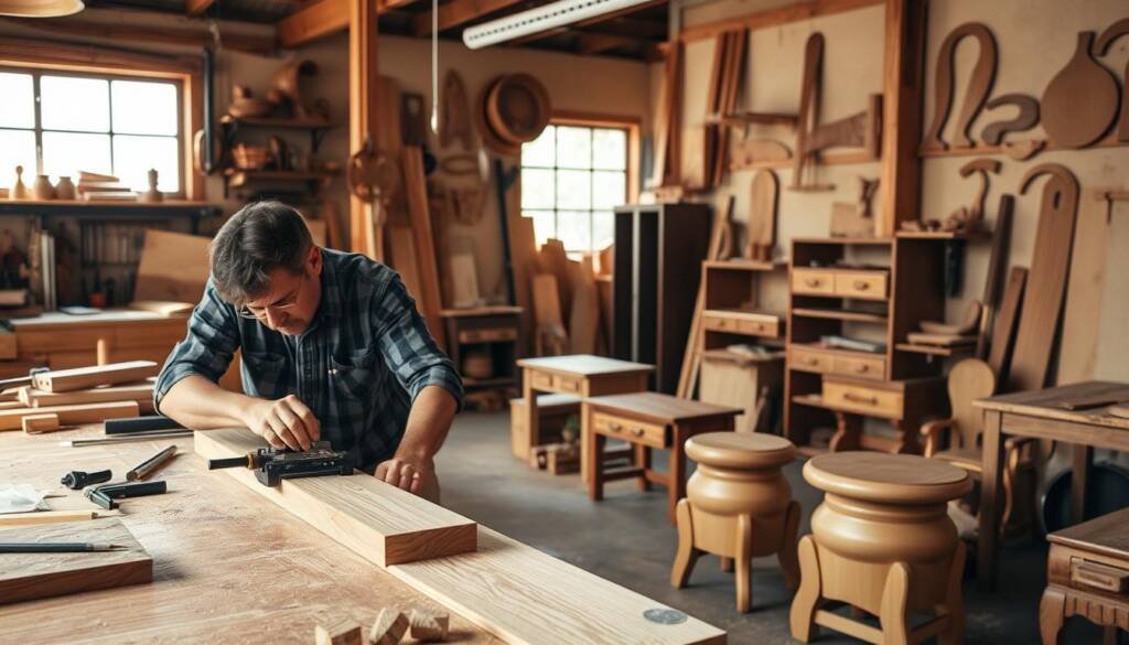 A well-equipped woodworking workshop, filled with an array of precision tools and expertly crafted wooden pieces. In the foreground, a skilled carpenter meticulously shapes a piece of hardwood, their hands guiding the tool with the utmost care and precision. The middle ground showcases a variety of hand-sanded and finished wooden furniture, each piece a testament to the carpenter's attention to detail and passion for their craft. The background is a warm, softly-lit environment, with natural light filtering in through large windows, casting a serene glow over the space. The overall atmosphere exudes a sense of quality, professionalism, and a deep appreciation for the art of carpentry.