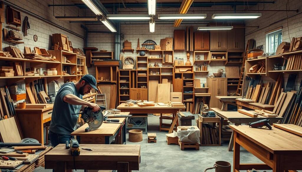 A well-lit workshop filled with an array of carpenter's tools and workbenches. In the foreground, a skilled carpenter expertly handles a power saw, crafting intricate wooden pieces. The middle ground showcases an assortment of finished carpentry projects, from sturdy shelves to elegant furniture. In the background, a panoramic view of the workshop reveals a harmonious blend of modern and traditional elements, conveying a sense of expertise and craftsmanship. Warm lighting casts a cozy, inviting atmosphere, highlighting the dedication and precision of the carpentry services on display.