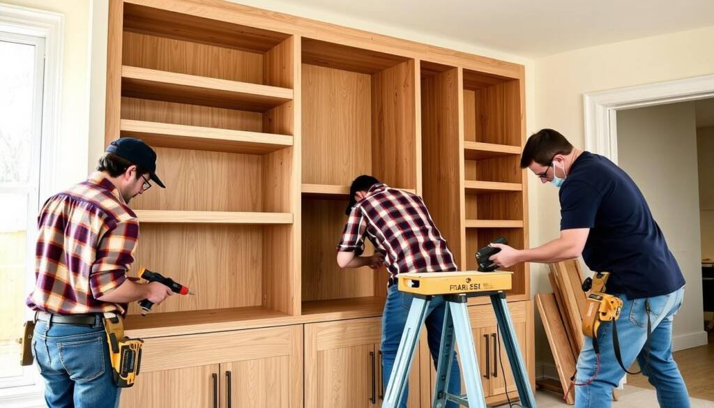 Carpentry Illinois team completing a custom built-in project in an Illinois home Carpentry Illinois team completing a custom built-in project in an Illinois home