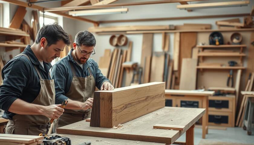 Master carpenters from Carpentry Illinois working on a custom woodworking project, showcasing the best carpentry in Illinois